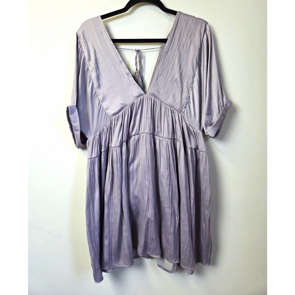 Free People Purple V-Neck Short Sleeve Pleated Tie Back Mini Dress Rayon S